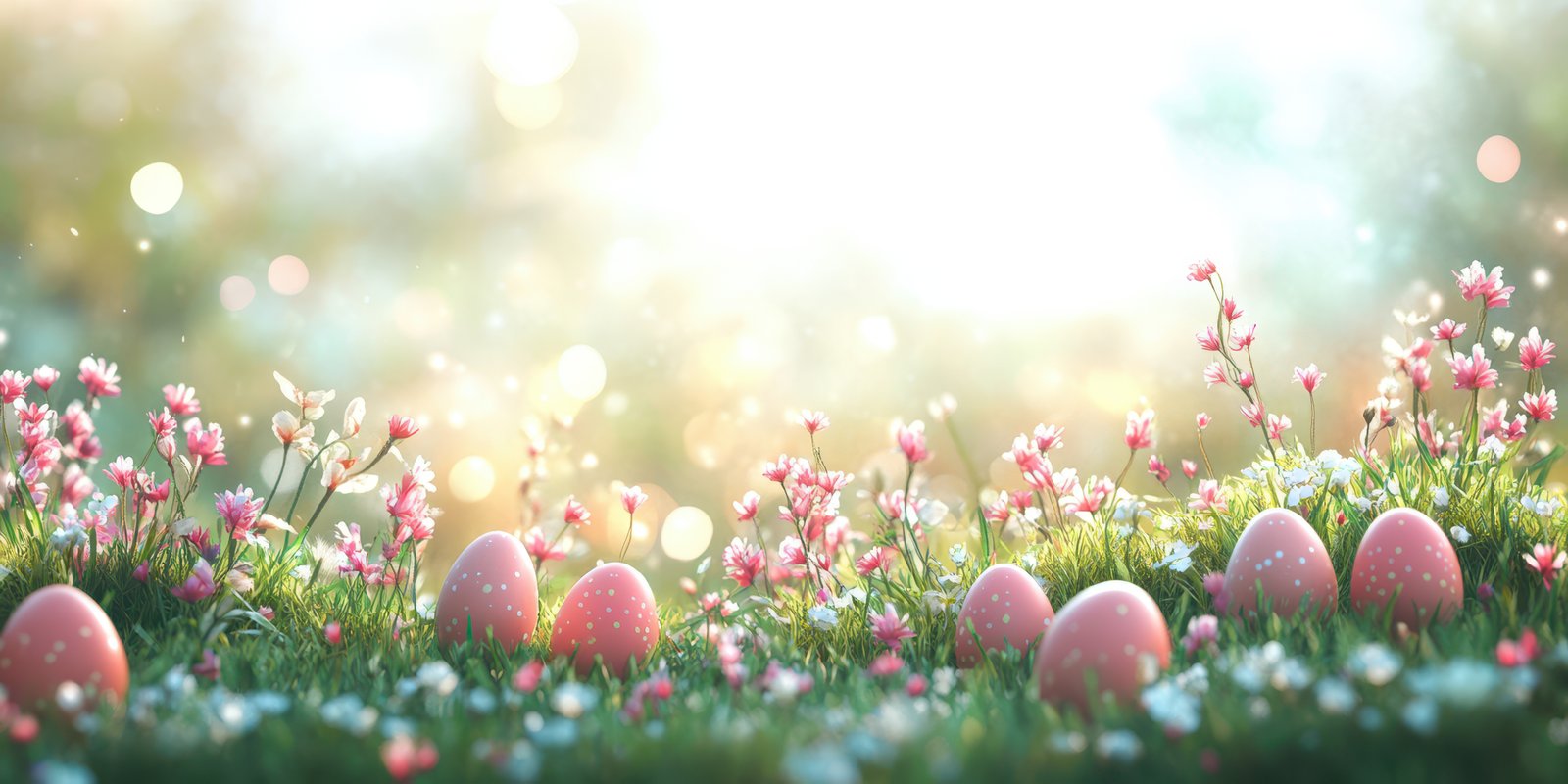 Colorful Easter eggs nestled among blooming flowers in a sunny, vibrant spring garden